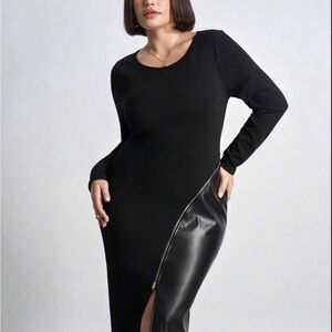 Elegant Black Mixed Media Long Sleeve Dress